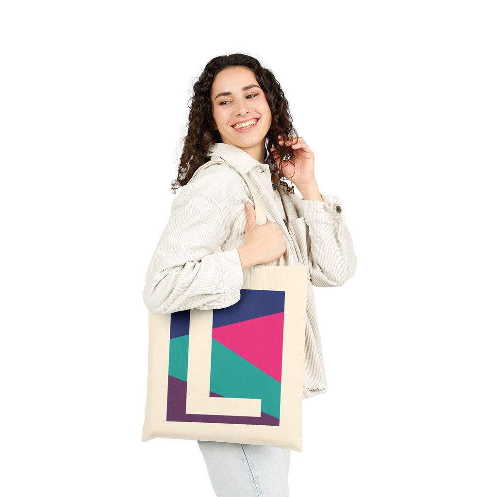 Initial L Colorblock Canvas Tote Bag — Monogram Letter L Reusable Grocery Tote