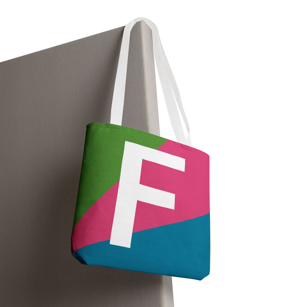 Monogram 'F' Colorblock Tote Bag — Personalized Initial F Shoulder Tote