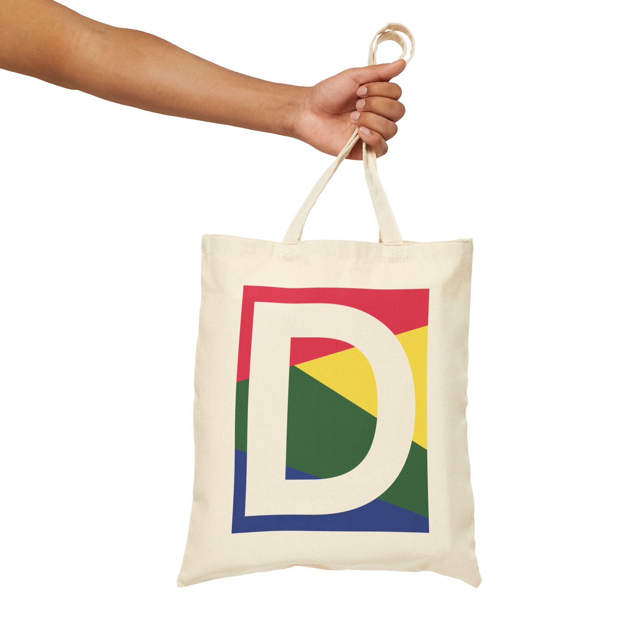 Initial D Colorblock Canvas Tote Bag — Monogram Letter D Reusable Grocery Tote