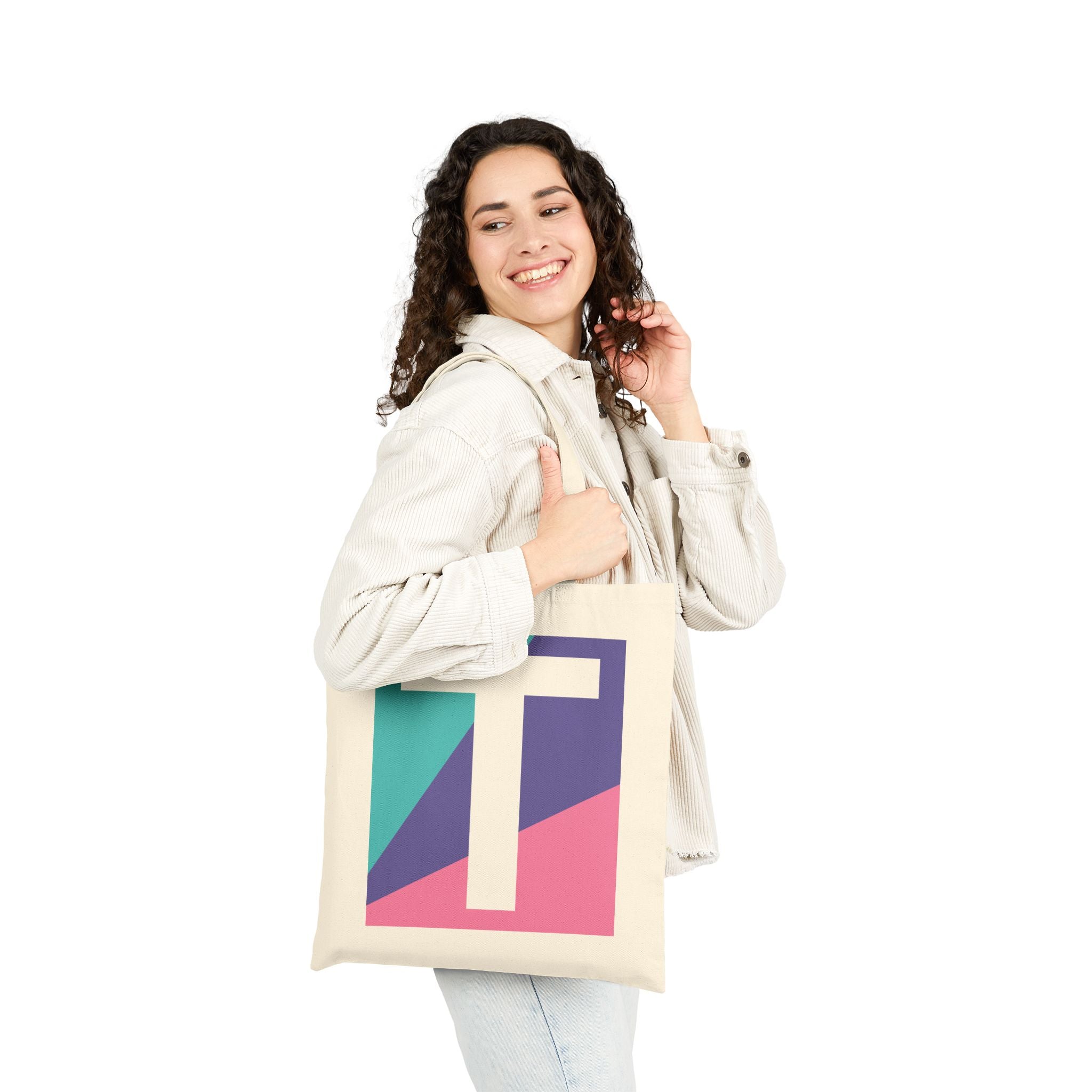 Initial T Colorblock Canvas Tote Bag — Monogram Letter T Reusable Grocery Tote