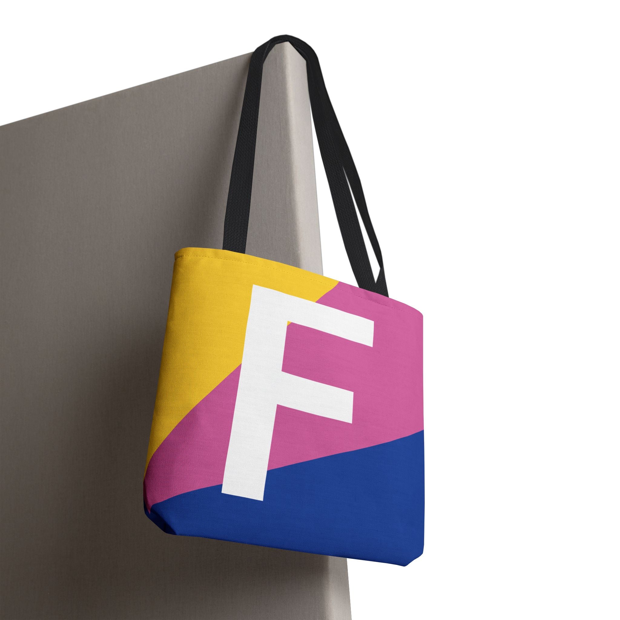 Monogram 'F' Colorblock Tote Bag — Personalized Initial F Shoulder Tote