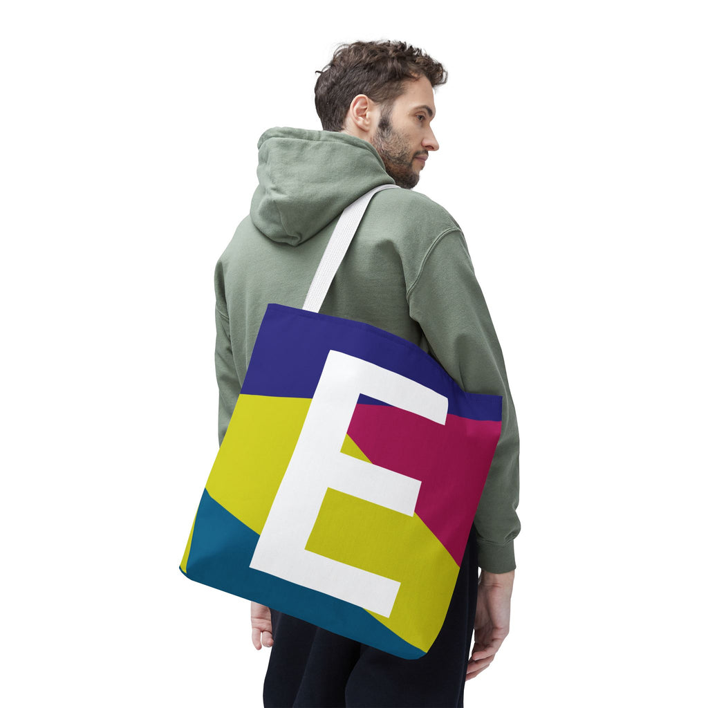 Monogram 'E' Colorblock Tote Bag — Personalized Initial E Shoulder Tote