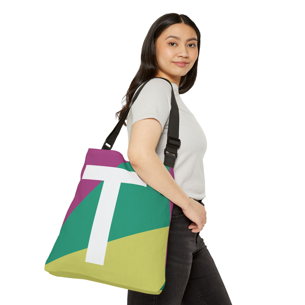 Initial Letter 'T' Colorblock Adjustable Tote Bag — Monogram Alphabet Shoulder Bag