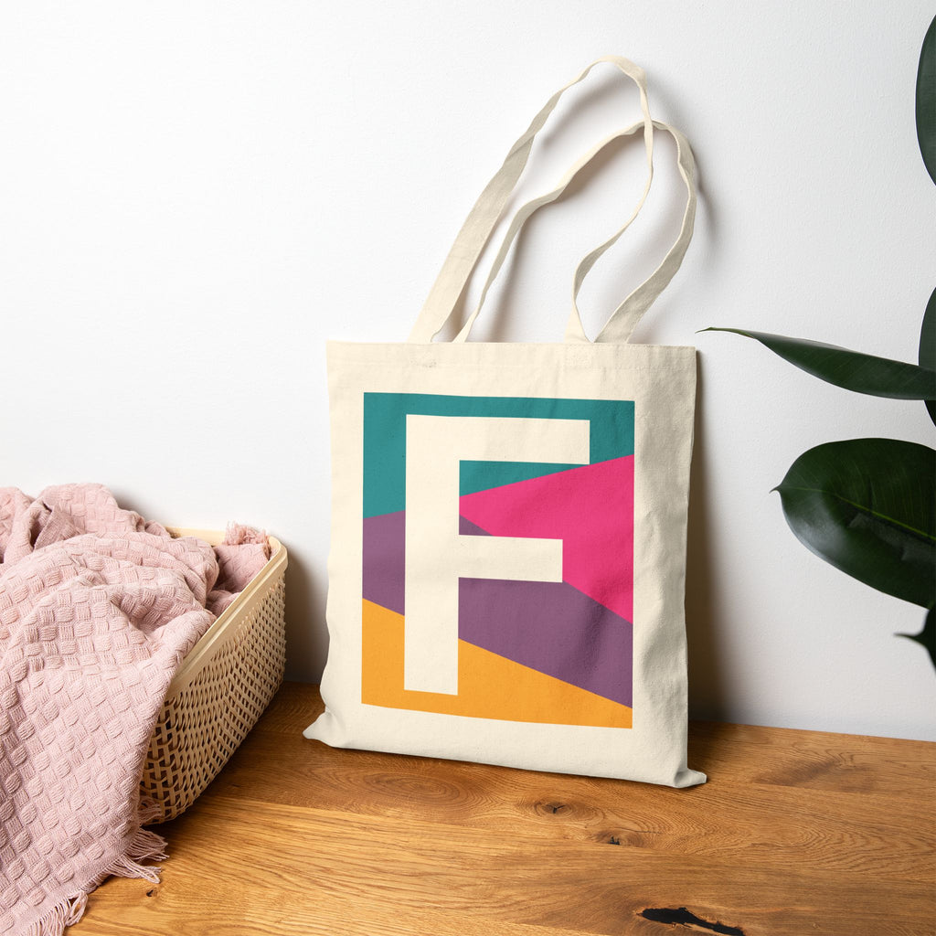 Initial F Colorblock Canvas Tote Bag — Monogram Letter F Reusable Grocery Tote