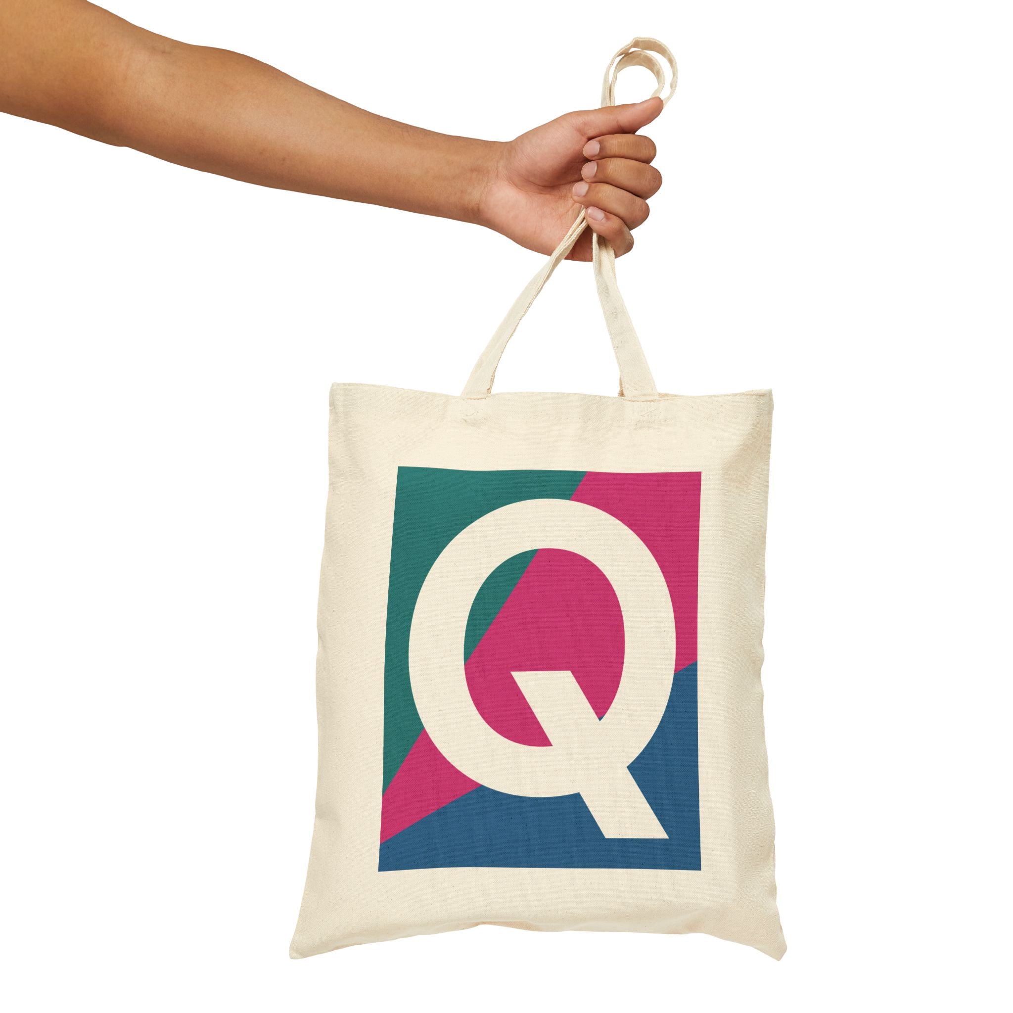 Initial Q Colorblock Canvas Tote Bag — Monogram Letter Q Reusable Grocery Tote