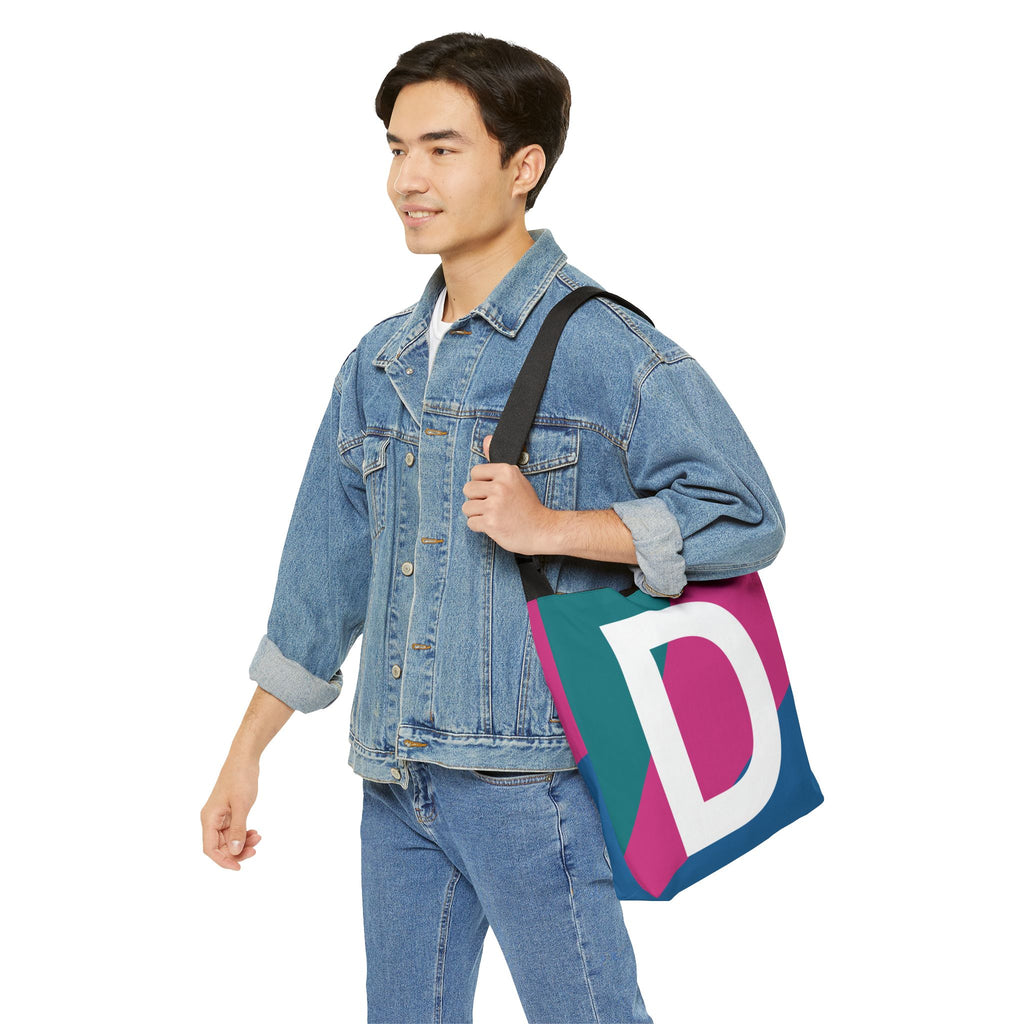 Initial Letter 'D' Colorblock Adjustable Tote Bag — Monogram Alphabet Shoulder Bag
