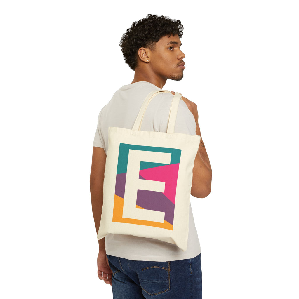 Initial E Colorblock Canvas Tote Bag — Monogram Letter E Reusable Grocery Tote