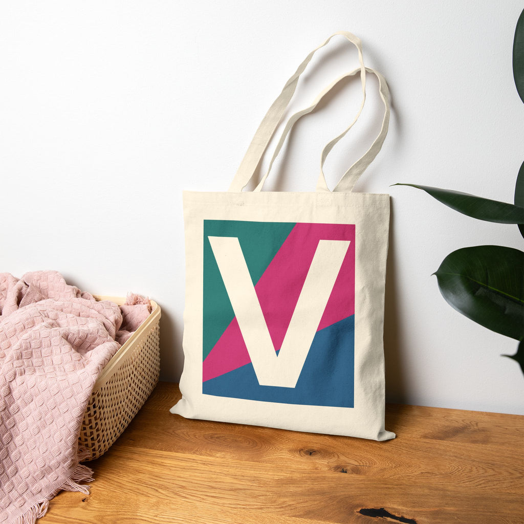 Initial V Colorblock Canvas Tote Bag — Monogram Letter V Reusable Grocery Tote