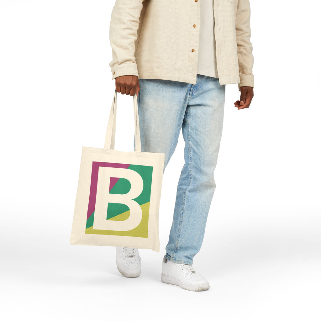 Initial B Colorblock Canvas Tote Bag — Monogram Letter B Reusable Grocery Tote