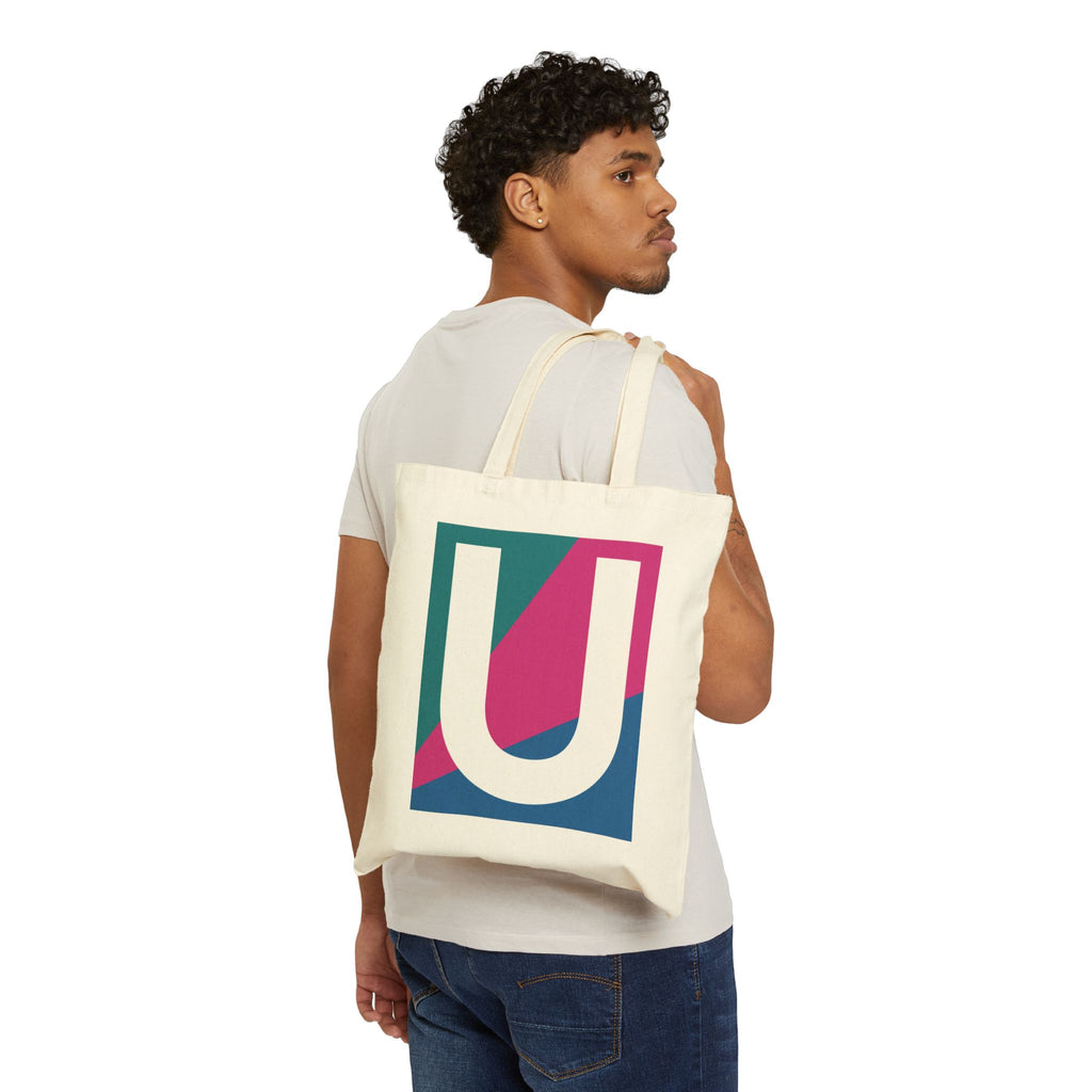 Initial U Colorblock Canvas Tote Bag — Monogram Letter U Reusable Grocery Tote