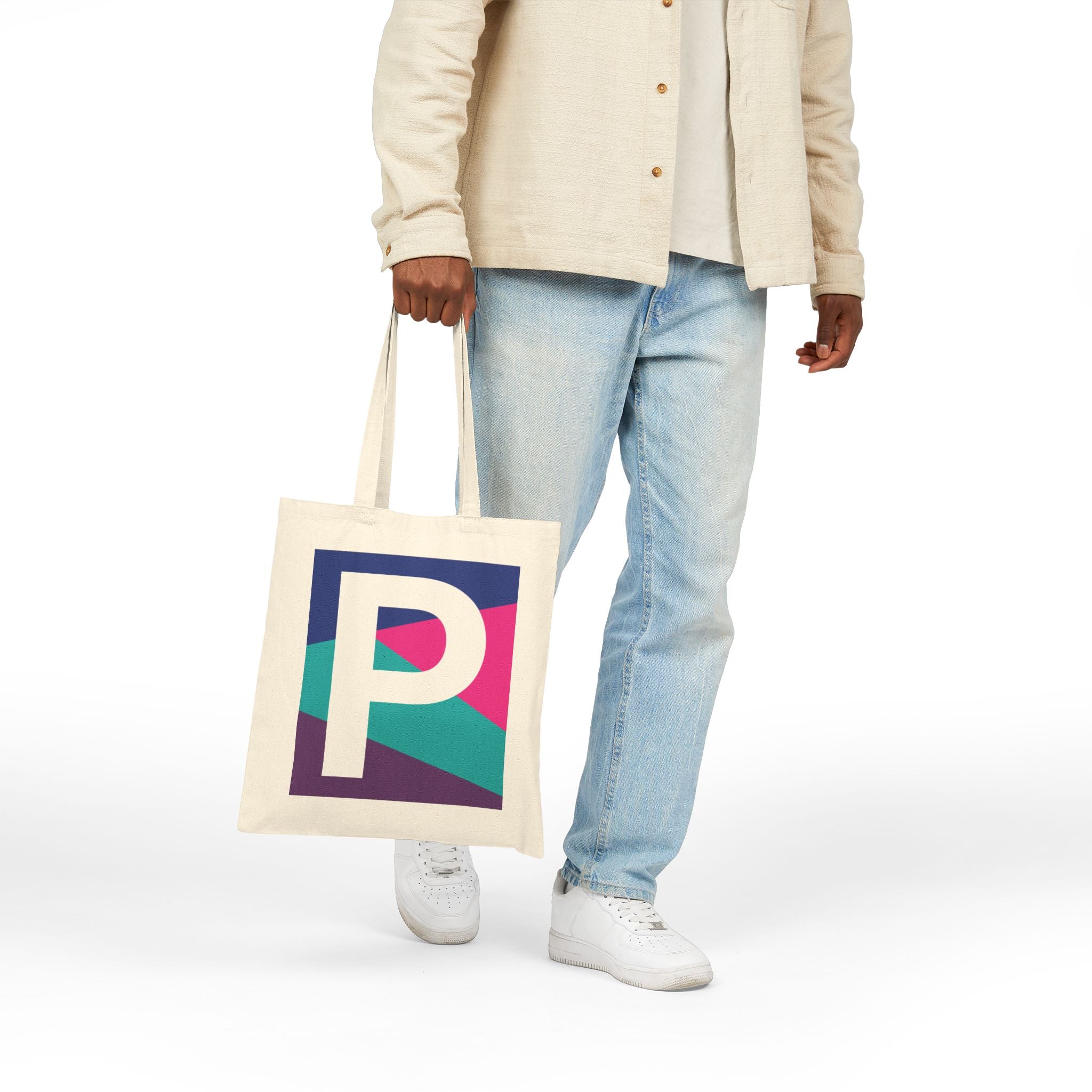 Initial P Colorblock Canvas Tote Bag — Monogram Letter P Reusable Grocery Tote