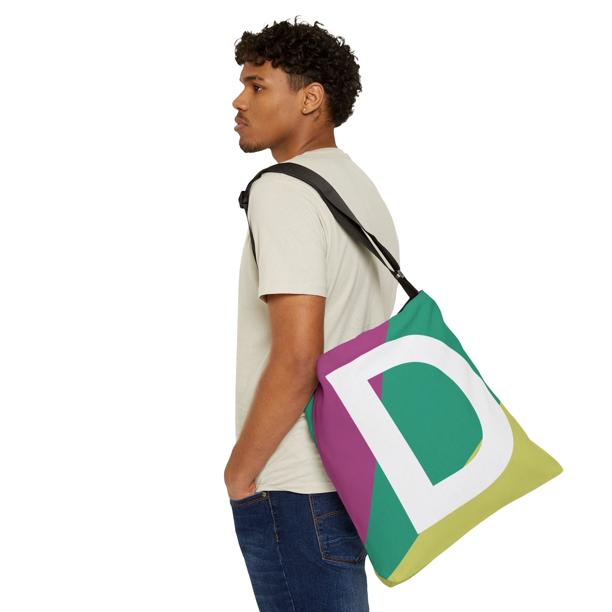 Initial Letter 'D' Colorblock Adjustable Tote Bag — Monogram Alphabet Shoulder Bag
