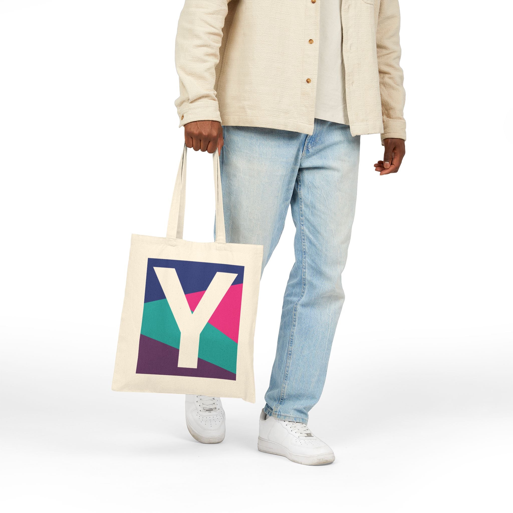 Initial Y Colorblock Canvas Tote Bag — Monogram Letter Y Reusable Grocery Tote