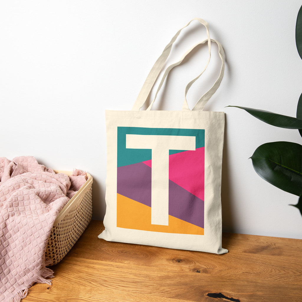 Initial T Colorblock Canvas Tote Bag — Monogram Letter T Reusable Grocery Tote