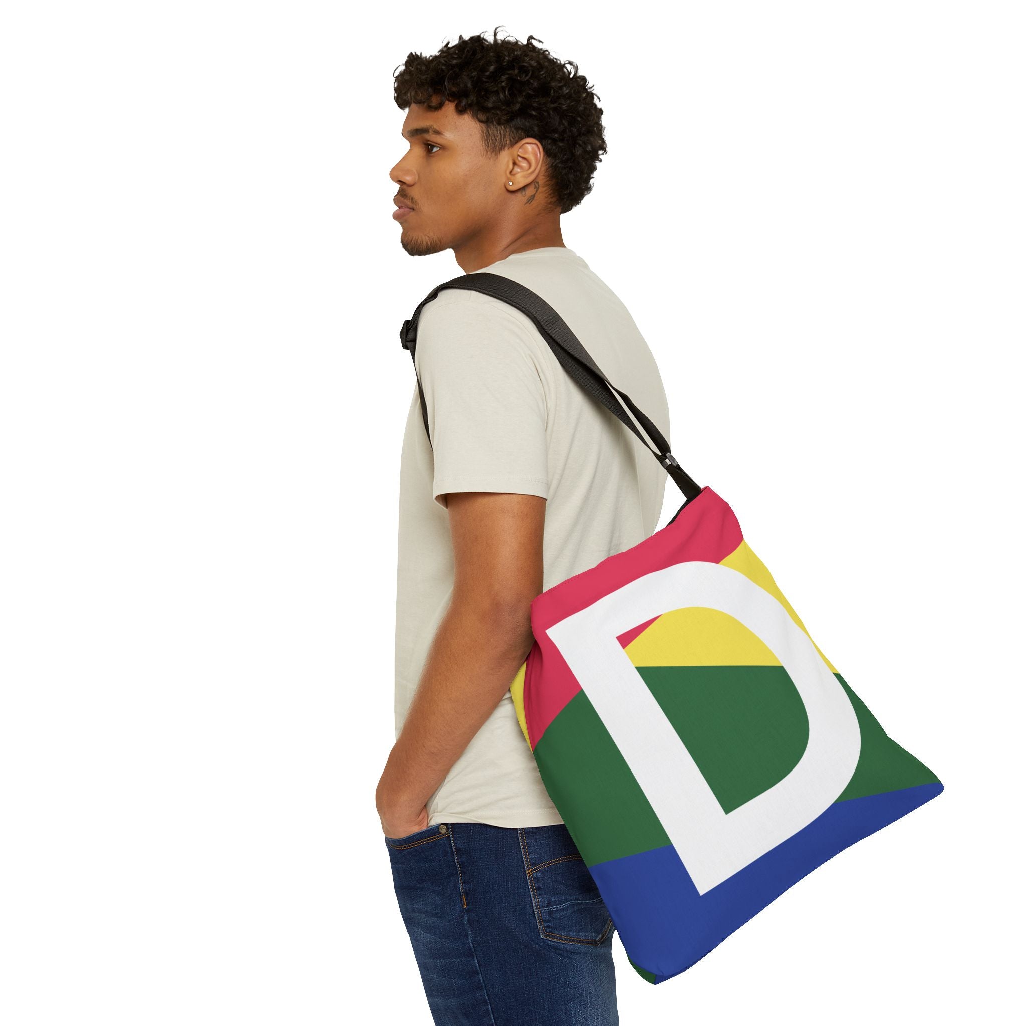 Initial Letter 'D' Colorblock Adjustable Tote Bag — Monogram Alphabet Shoulder Bag