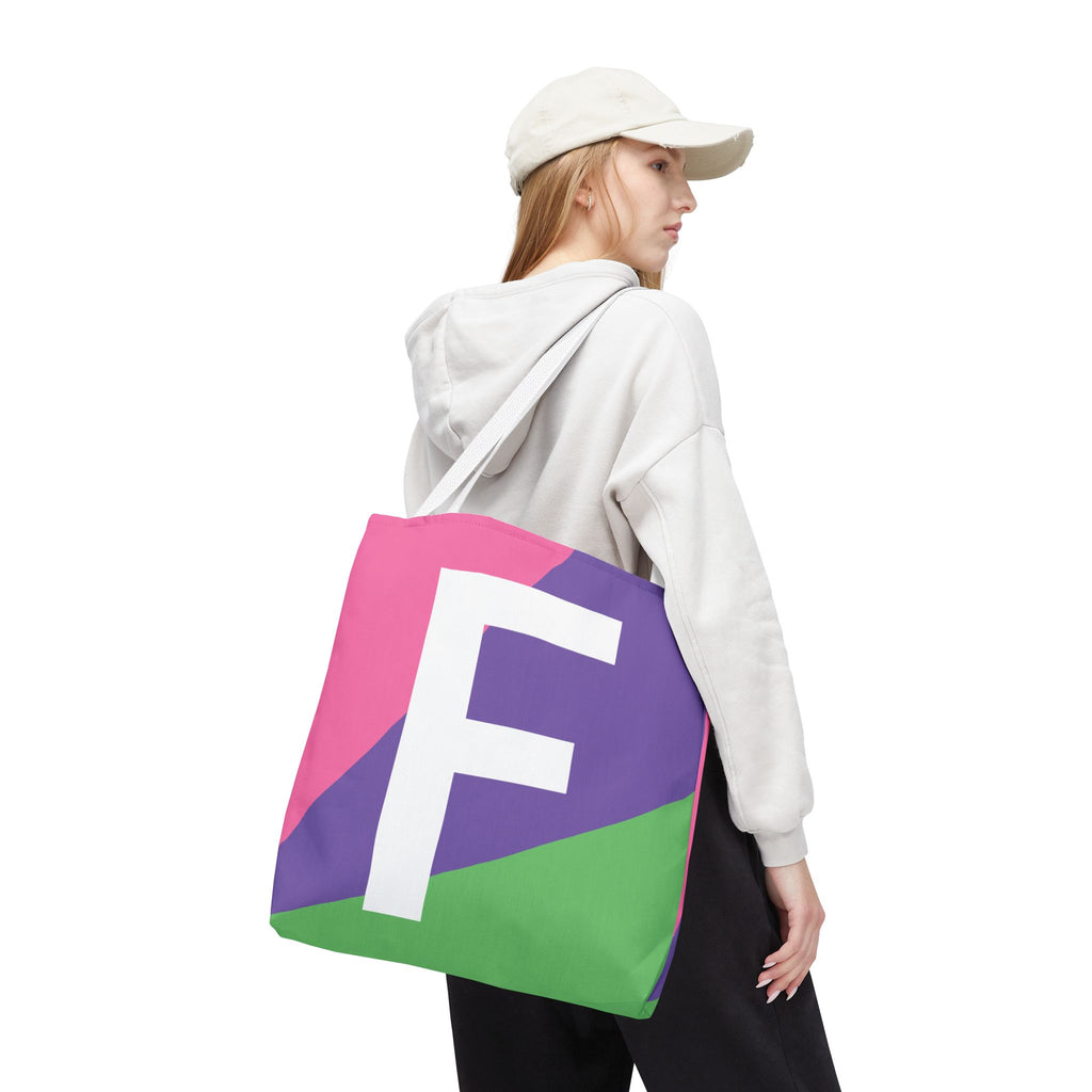 Monogram 'F' Colorblock Tote Bag — Personalized Initial F Shoulder Tote