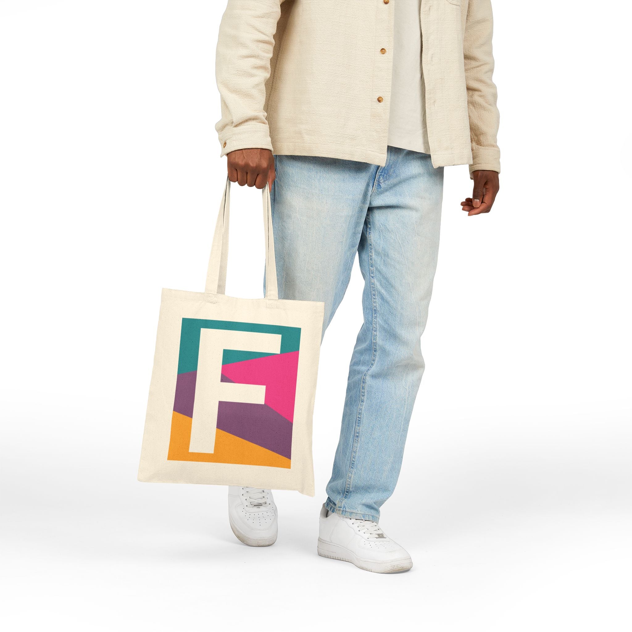 Initial F Colorblock Canvas Tote Bag — Monogram Letter F Reusable Grocery Tote