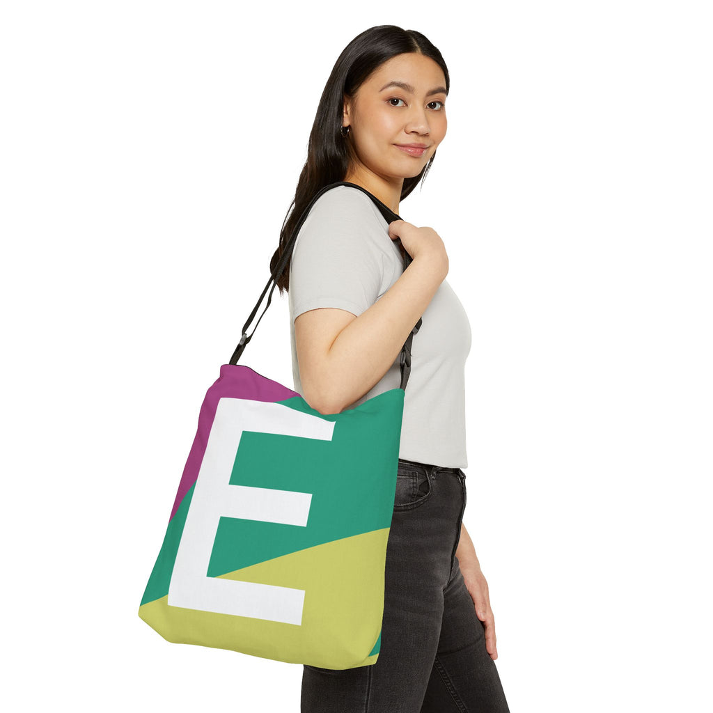 Initial Letter 'E' Colorblock Adjustable Tote Bag — Monogram Alphabet Shoulder Bag
