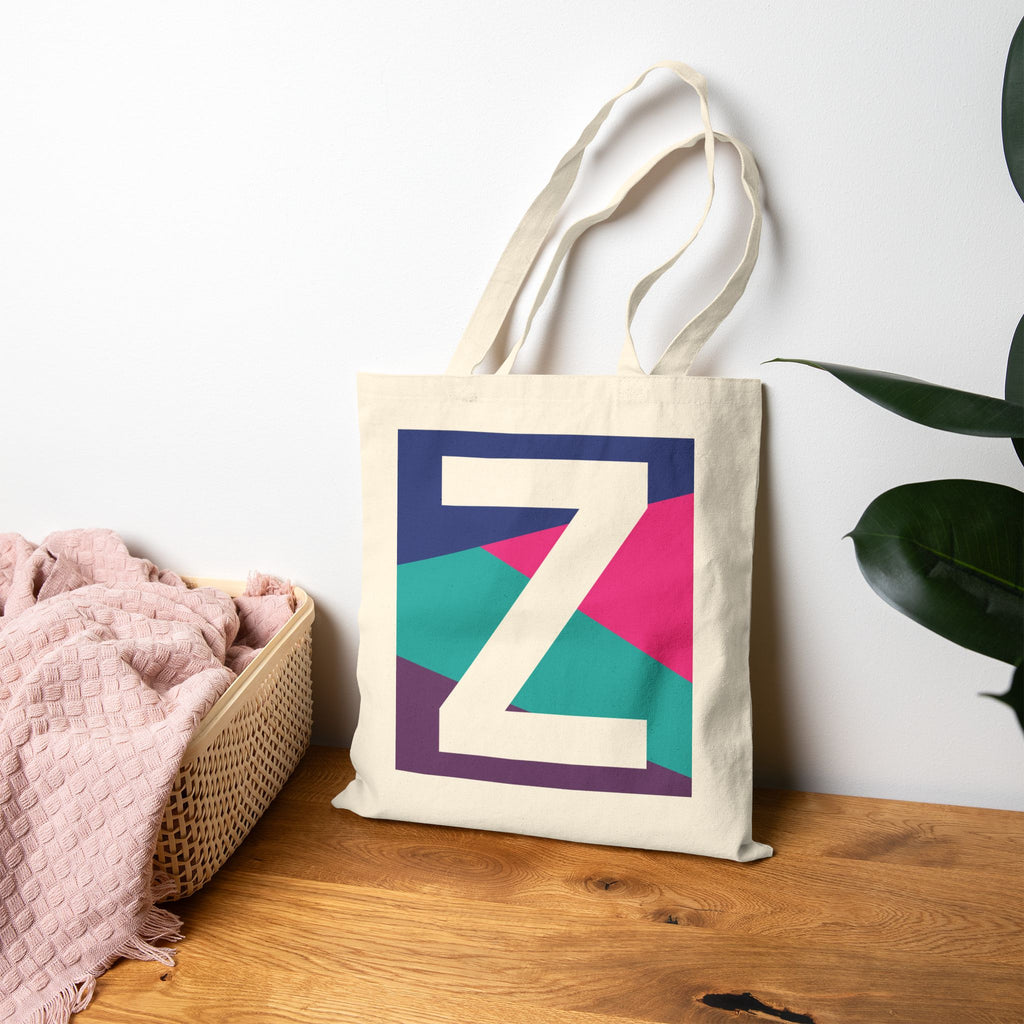 Initial Z Colorblock Canvas Tote Bag — Monogram Letter Z Reusable Grocery Tote