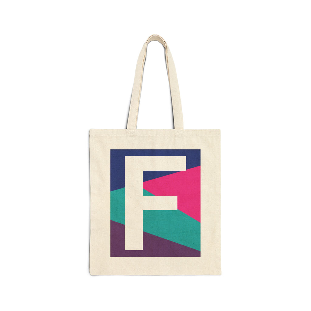 Initial F Colorblock Canvas Tote Bag — Monogram Letter F Reusable Grocery Tote