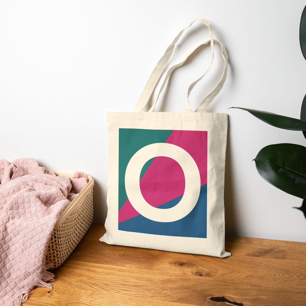 Initial O Colorblock Canvas Tote Bag — Monogram Letter O Reusable Grocery Tote