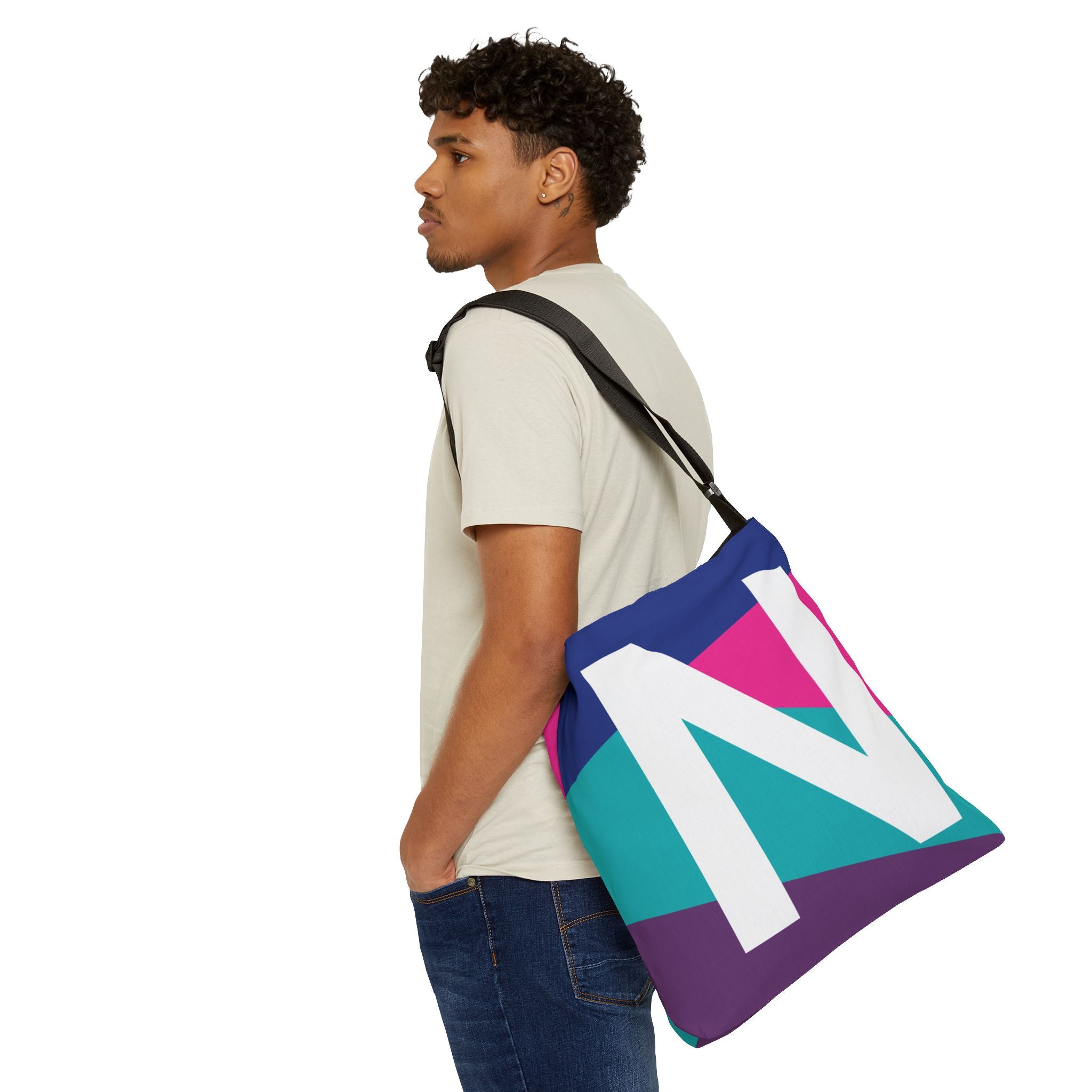 Initial Letter 'N' Colorblock Adjustable Tote Bag — Monogram Alphabet Shoulder Bag
