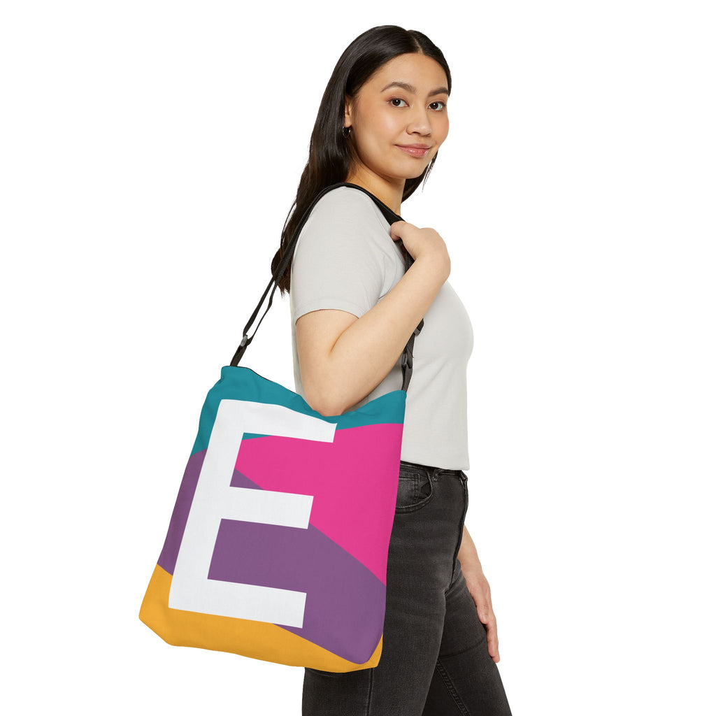Initial Letter 'E' Colorblock Adjustable Tote Bag — Monogram Alphabet Shoulder Bag