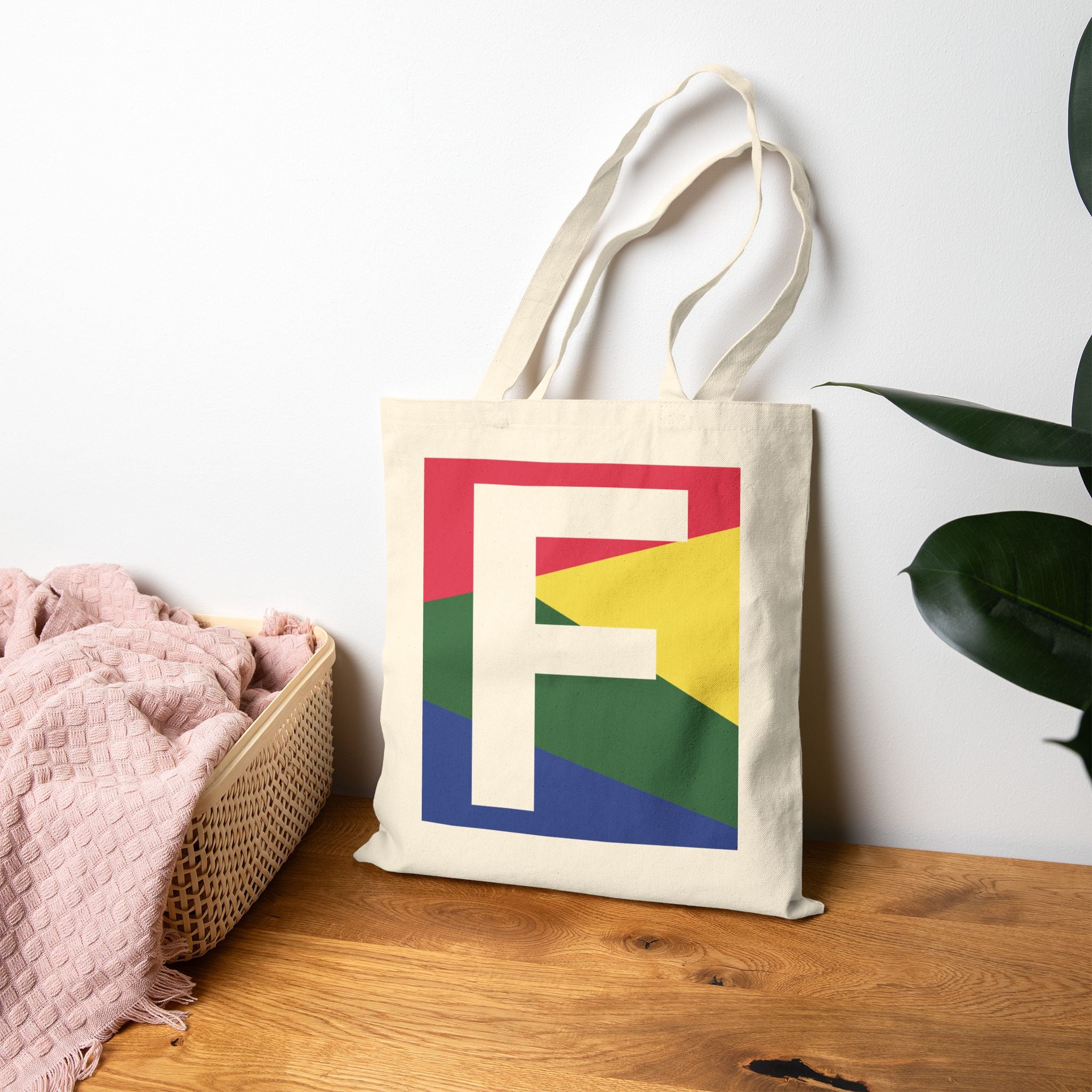 Initial F Colorblock Canvas Tote Bag — Monogram Letter F Reusable Grocery Tote