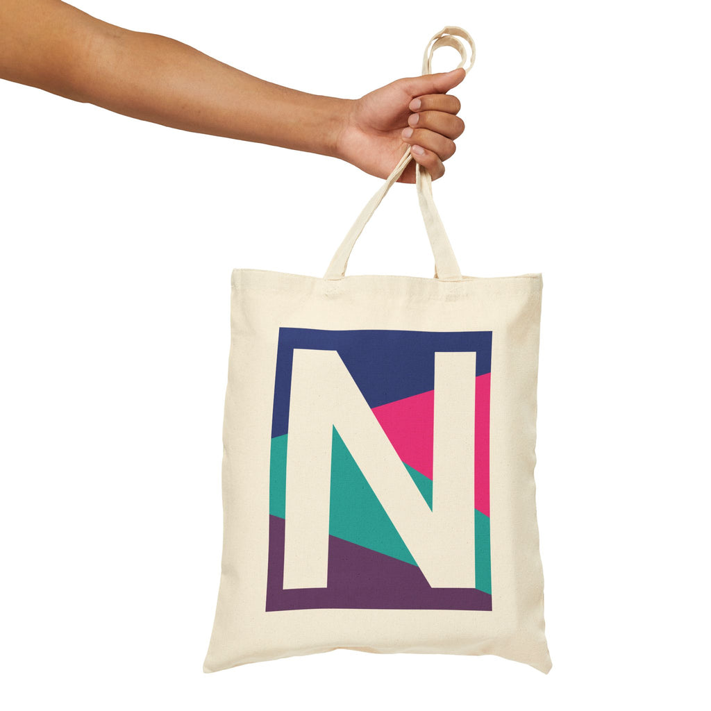 Initial N Colorblock Canvas Tote Bag — Monogram Letter N Reusable Grocery Tote