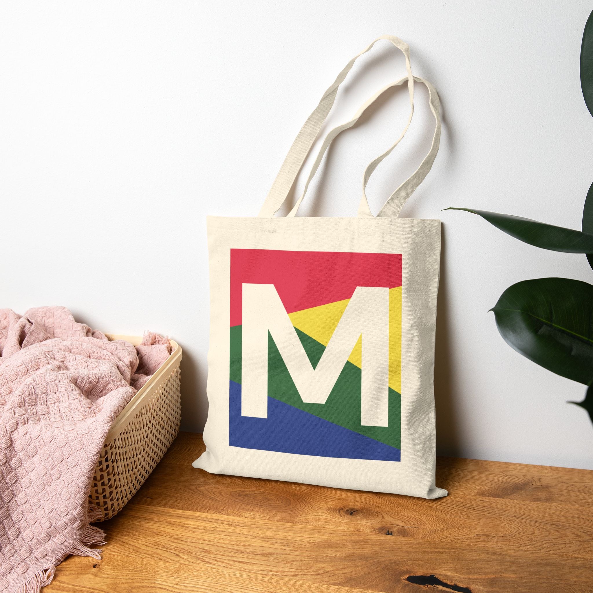 Initial M Colorblock Canvas Tote Bag — Monogram Letter M Reusable Grocery Tote