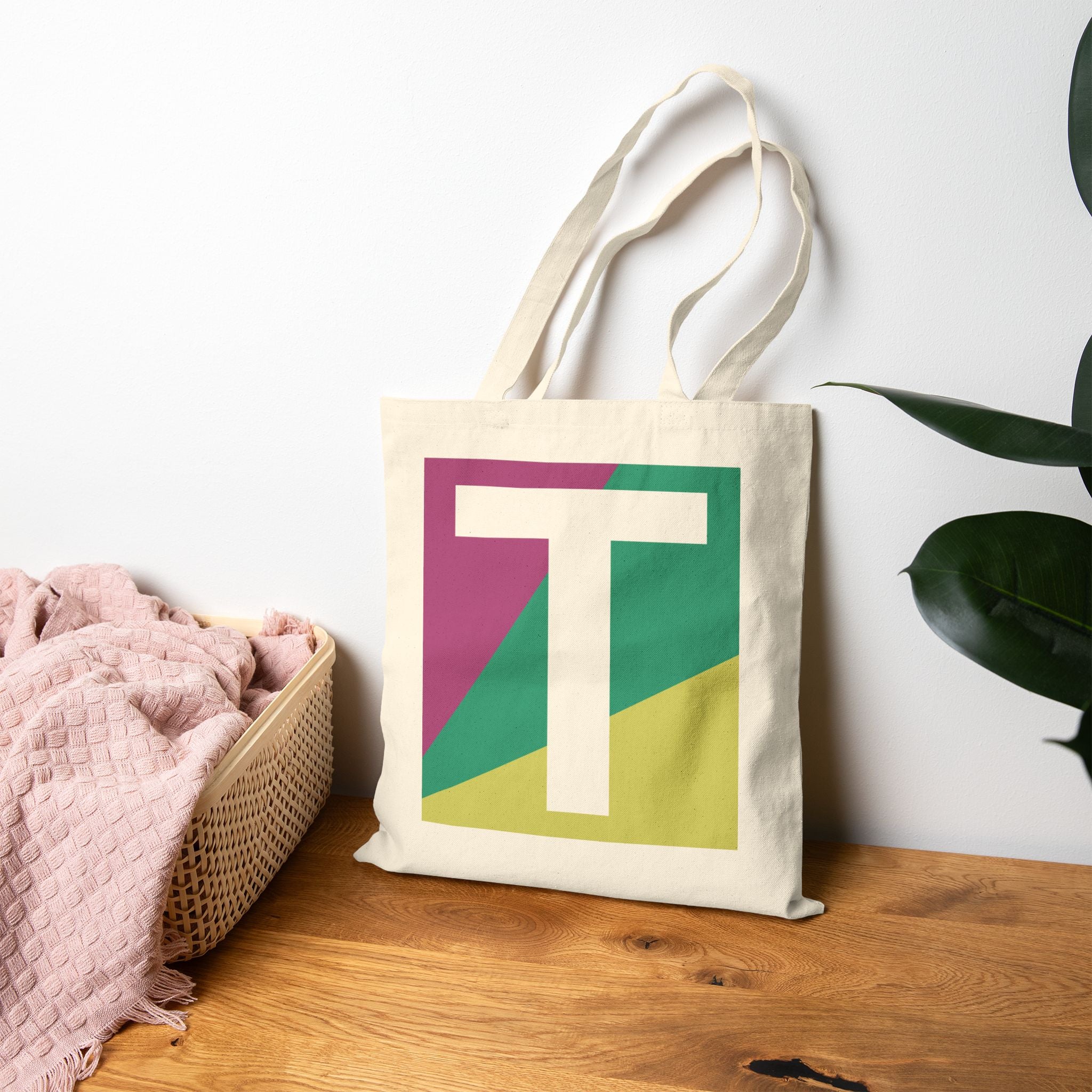 Initial T Colorblock Canvas Tote Bag — Monogram Letter T Reusable Grocery Tote