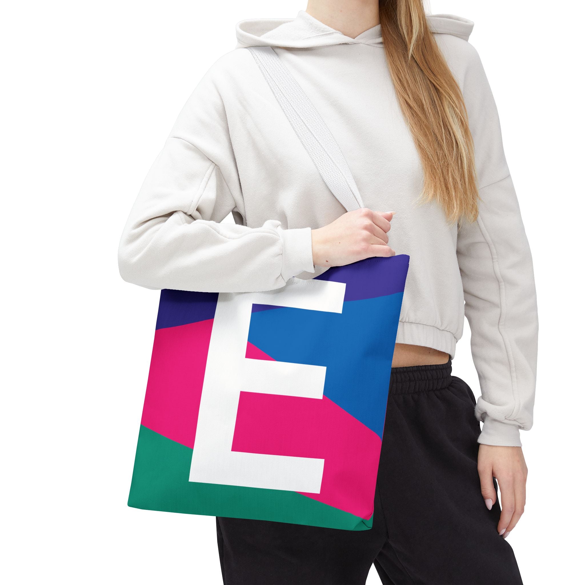 Monogram 'E' Colorblock Tote Bag — Personalized Initial E Shoulder Tote