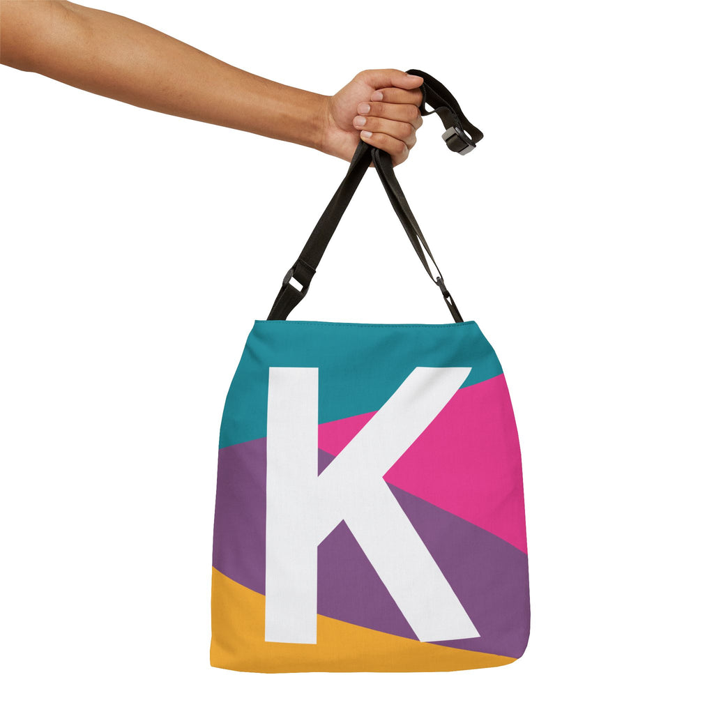 Initial Letter 'K' Colorblock Adjustable Tote Bag — Monogram Alphabet Shoulder Bag