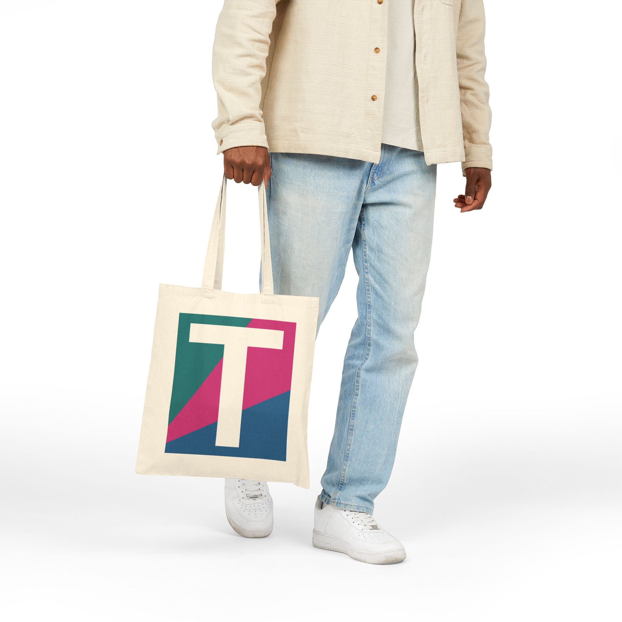 Initial T Colorblock Canvas Tote Bag — Monogram Letter T Reusable Grocery Tote