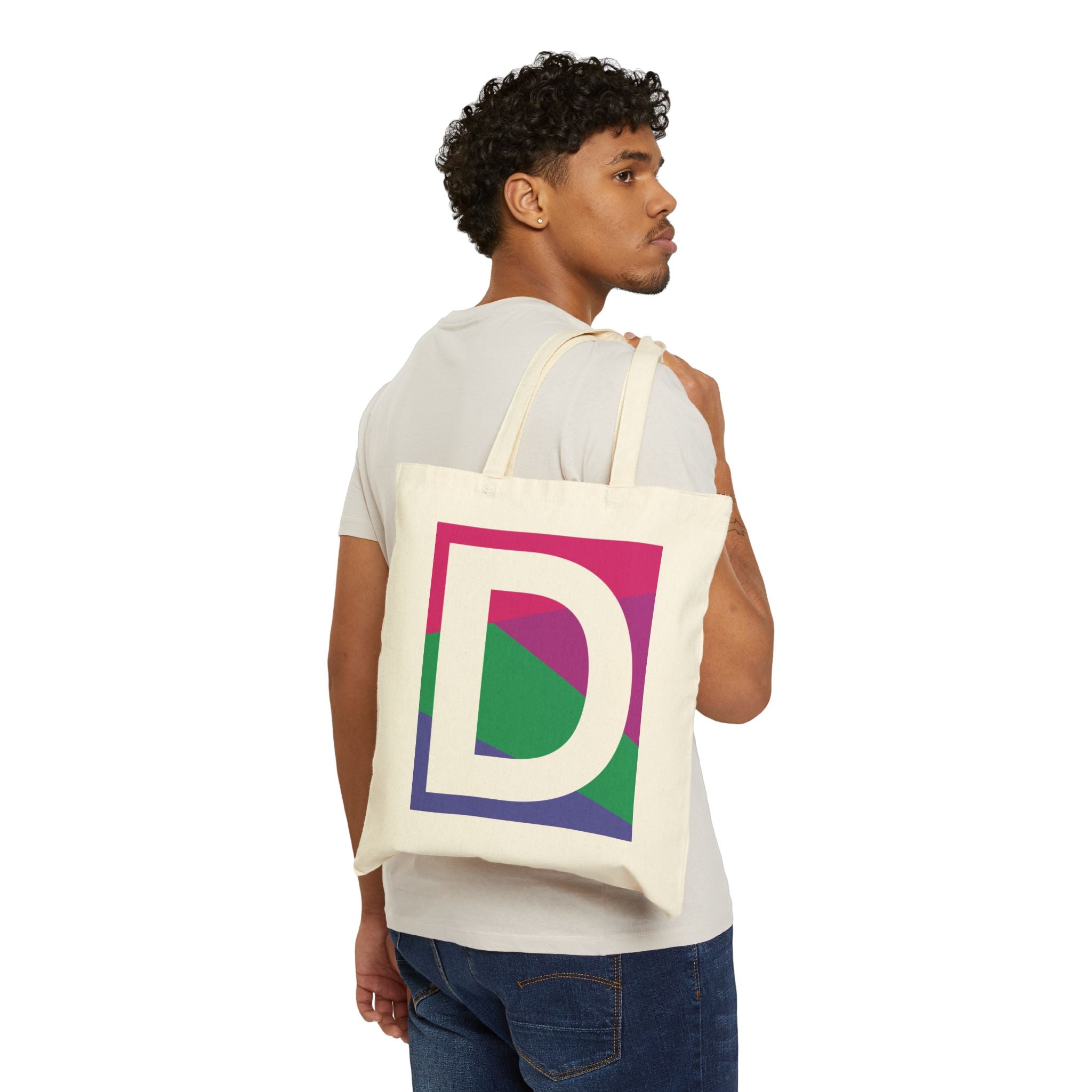 Initial D Colorblock Canvas Tote Bag — Monogram Letter D Reusable Grocery Tote
