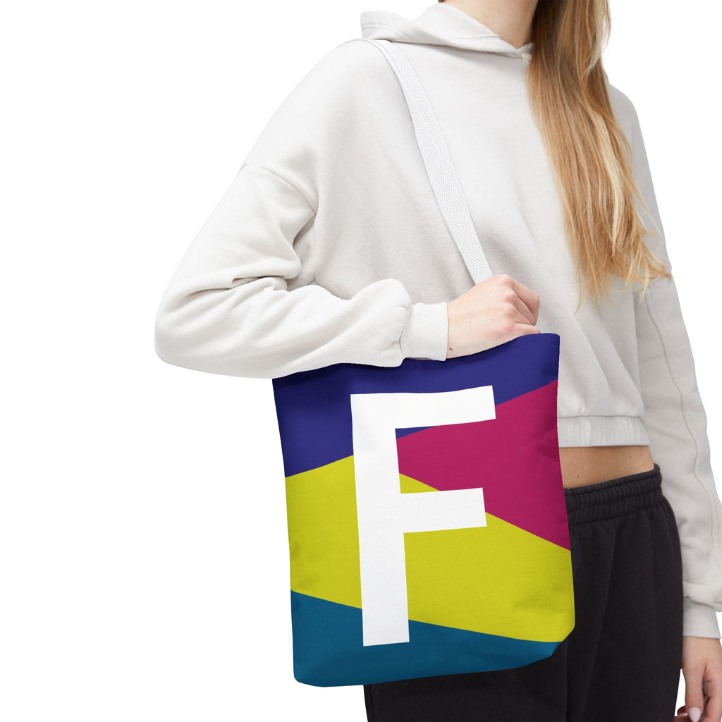 Monogram 'F' Colorblock Tote Bag — Personalized Initial F Shoulder Tote