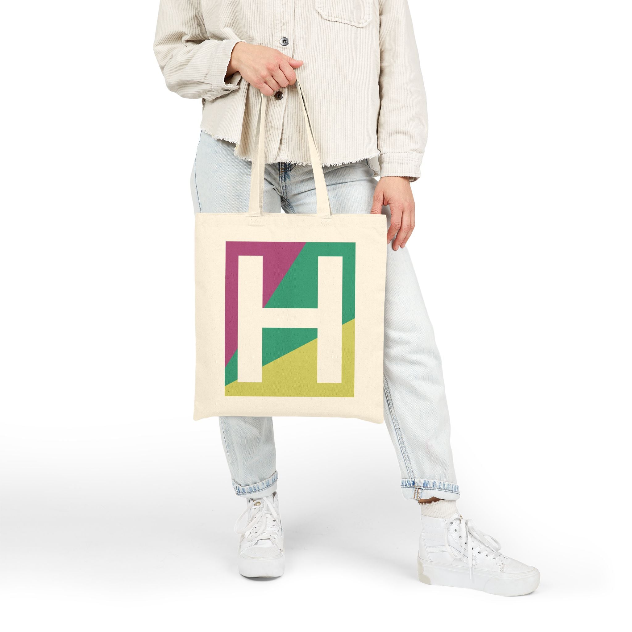Initial H Colorblock Canvas Tote Bag — Monogram Letter H Reusable Grocery Tote