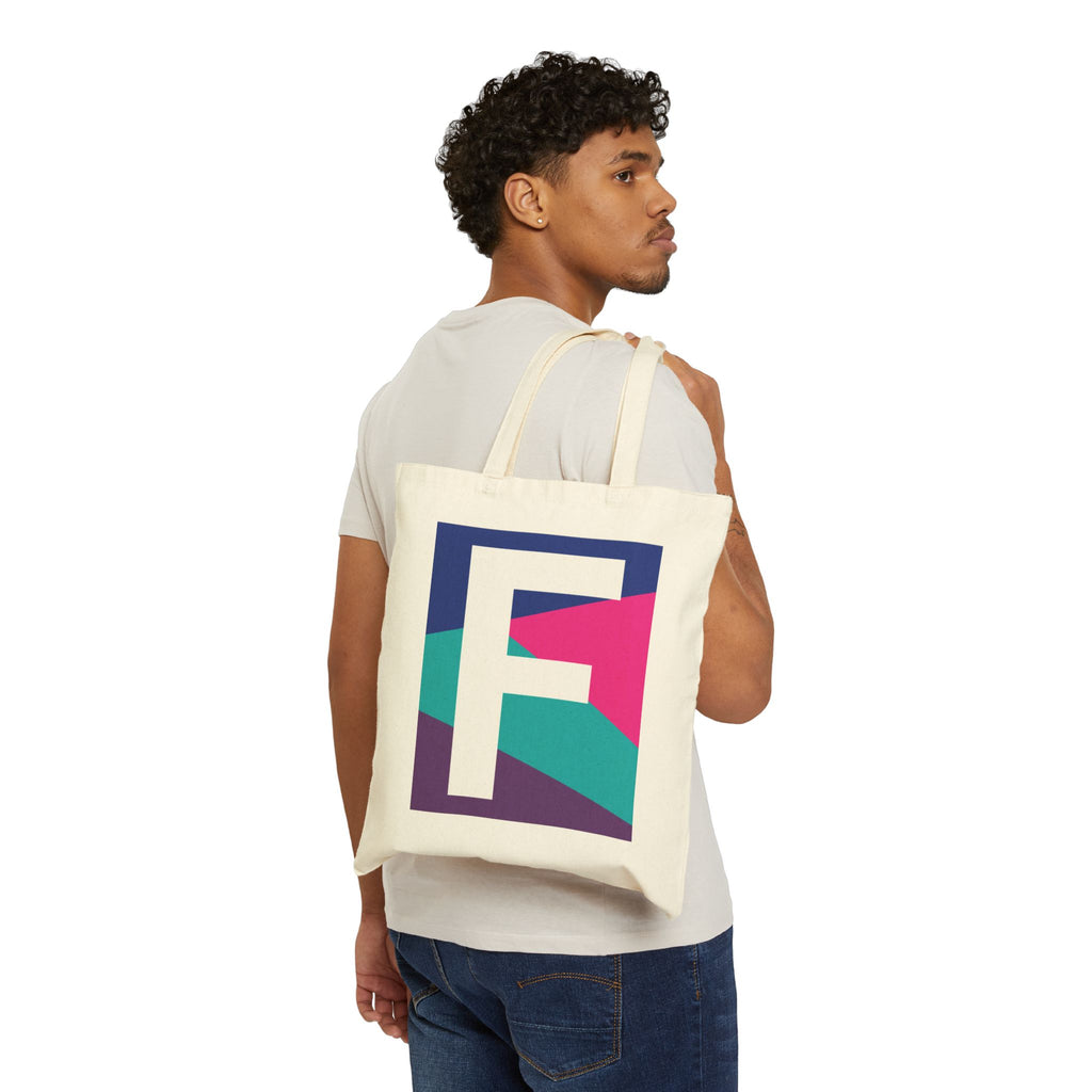 Initial F Colorblock Canvas Tote Bag — Monogram Letter F Reusable Grocery Tote
