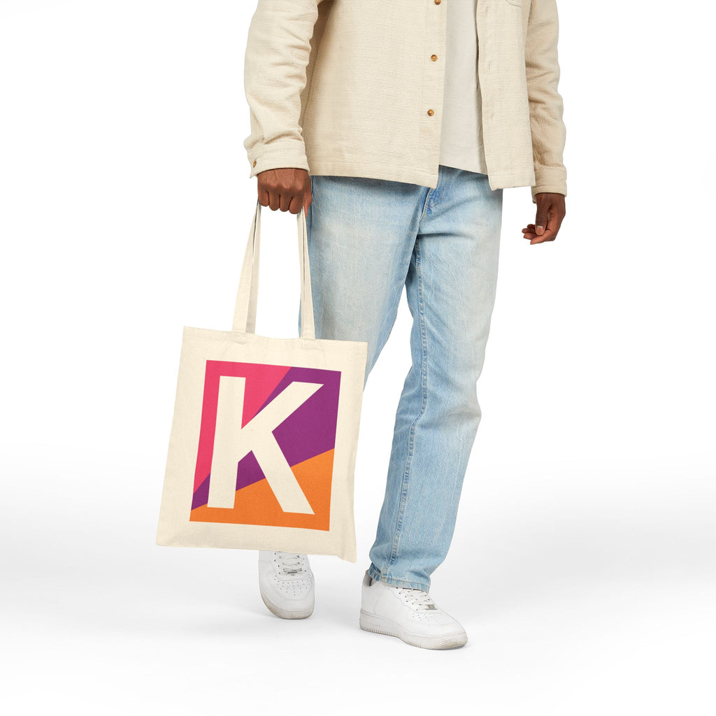 Initial K Colorblock Canvas Tote Bag — Monogram Letter K Reusable Grocery Tote
