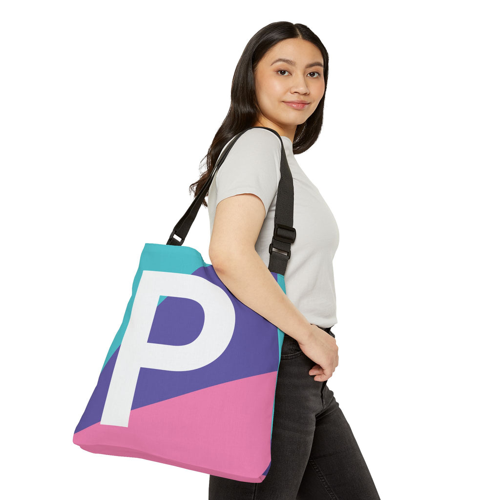 Initial Letter 'P' Colorblock Adjustable Tote Bag — Monogram Alphabet Shoulder Bag