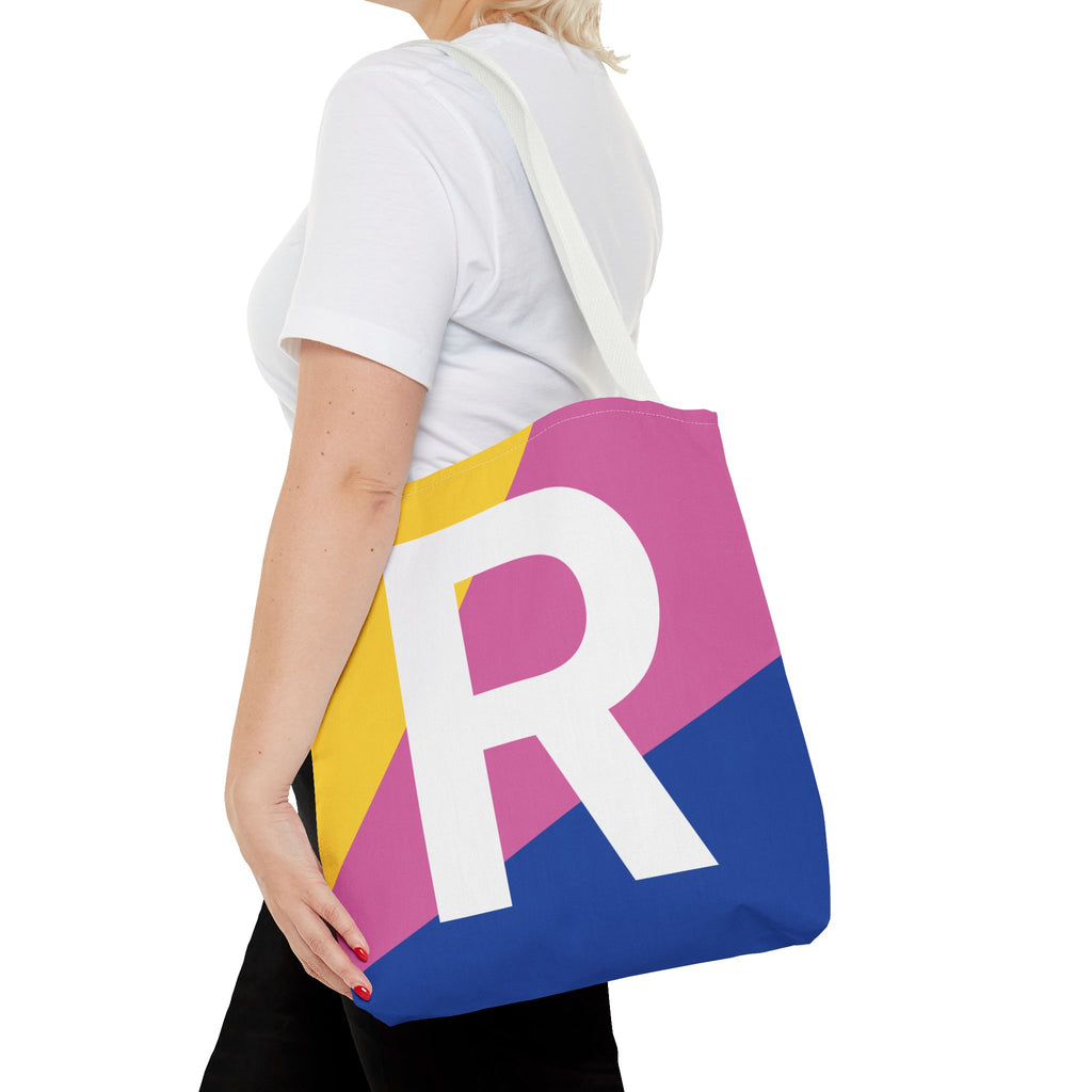 Monogram 'R' Colorblock Tote Bag — Personalized Initial R Shoulder Tote