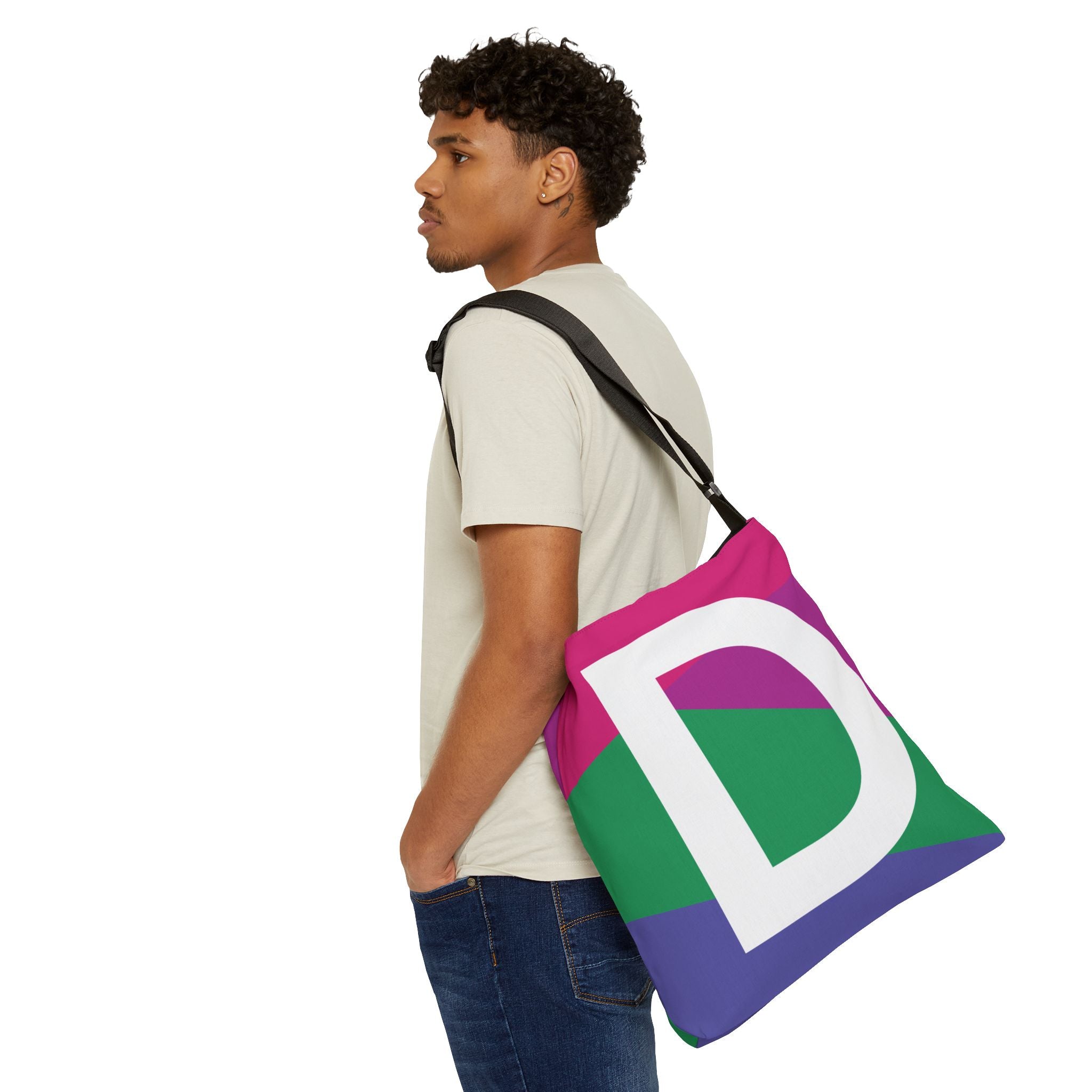 Initial Letter 'D' Colorblock Adjustable Tote Bag — Monogram Alphabet Shoulder Bag