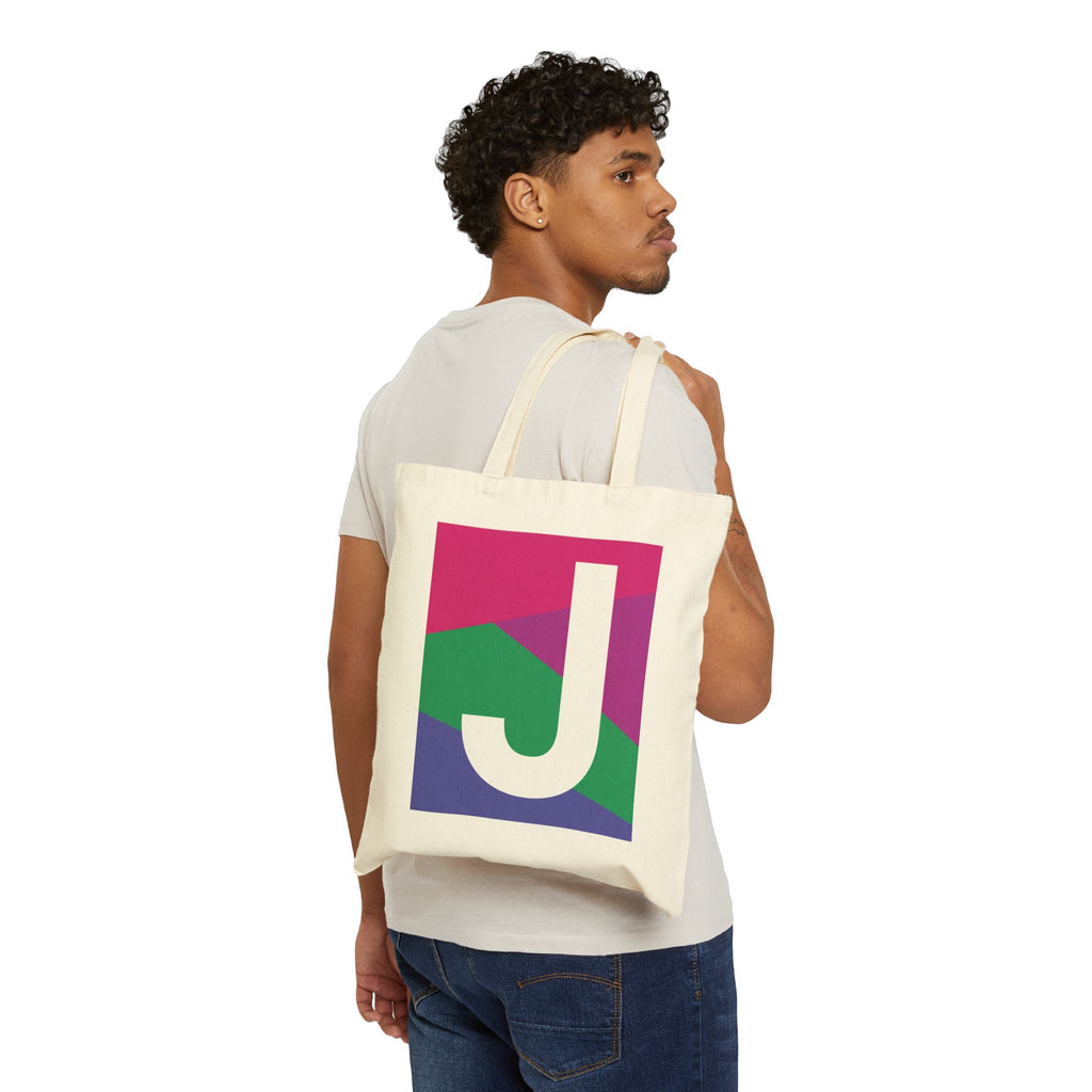 Initial J Colorblock Canvas Tote Bag — Monogram Letter J Reusable Grocery Tote