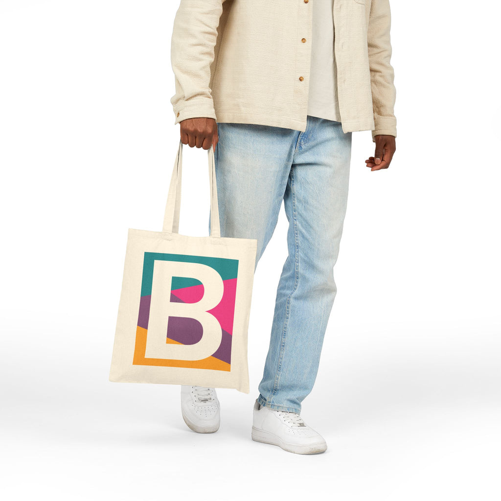 Initial B Colorblock Canvas Tote Bag — Monogram Letter B Reusable Grocery Tote