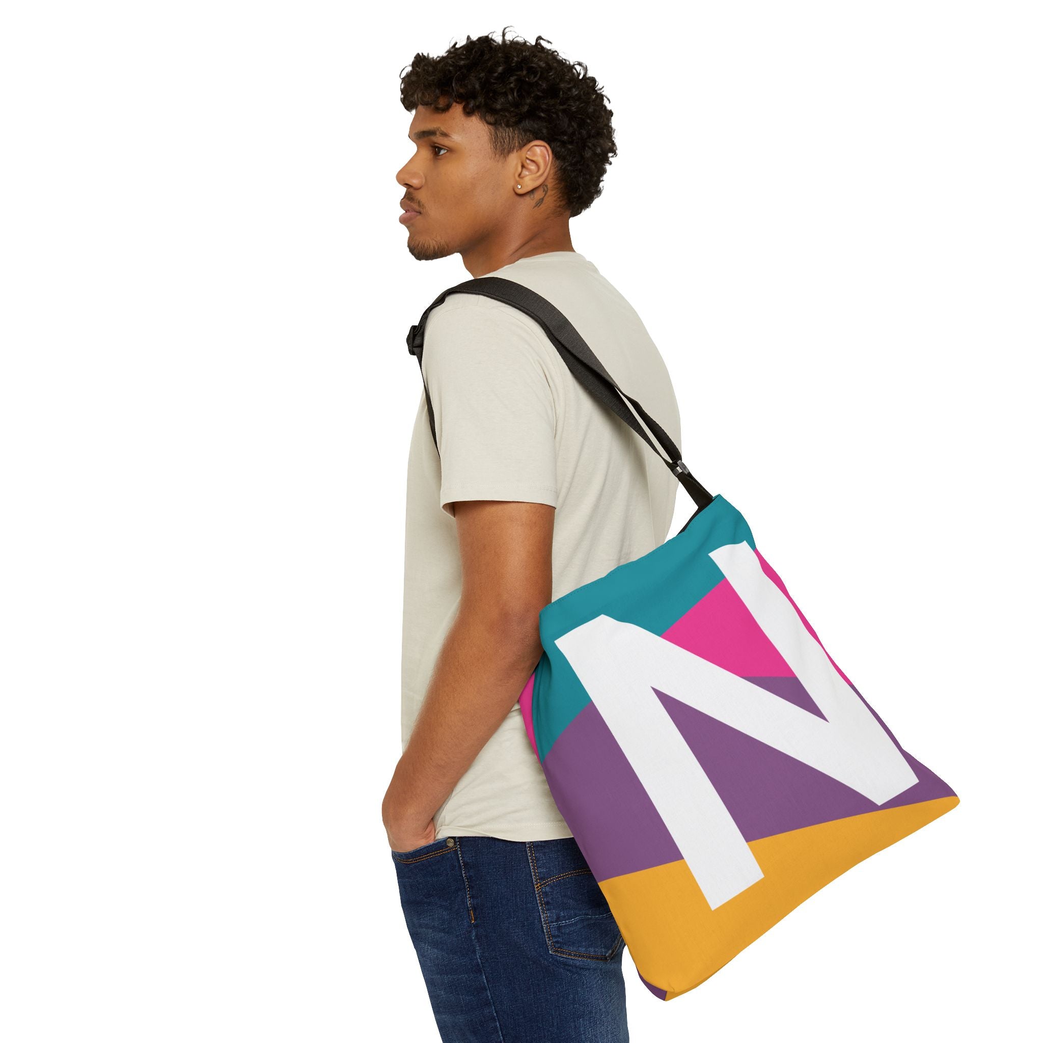 Initial Letter 'N' Colorblock Adjustable Tote Bag — Monogram Alphabet Shoulder Bag