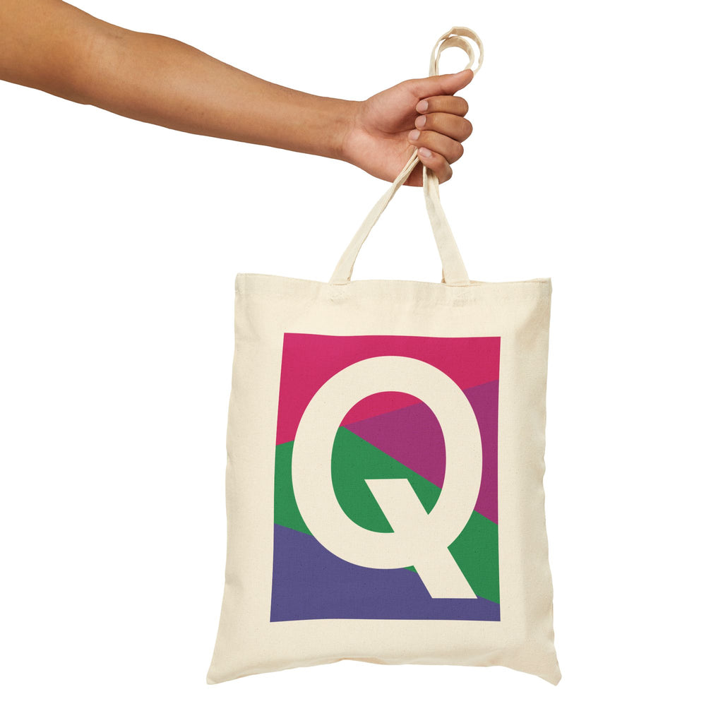 Initial Q Colorblock Canvas Tote Bag — Monogram Letter Q Reusable Grocery Tote