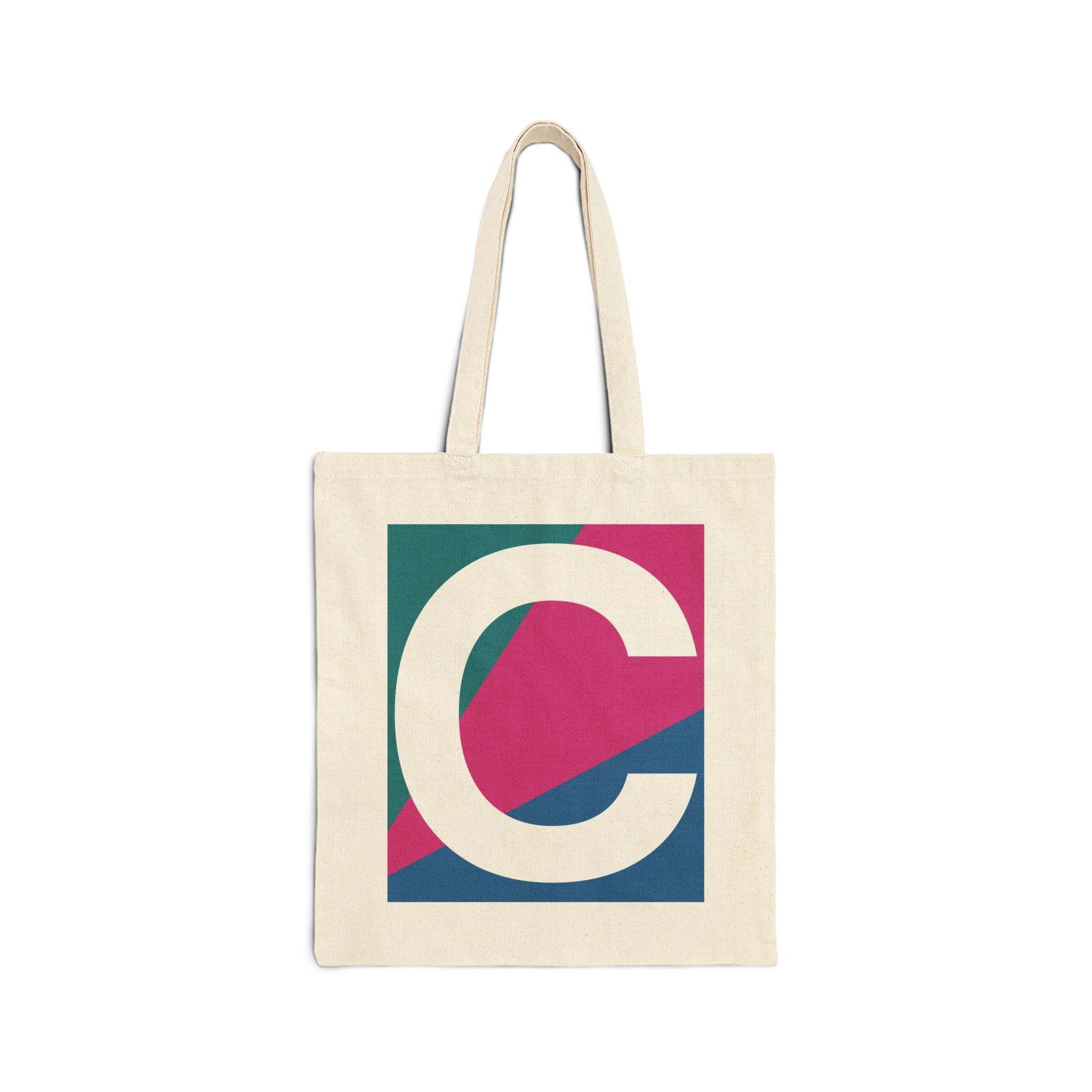 Initial C Colorblock Canvas Tote Bag — Monogram Letter C Reusable Grocery Tote