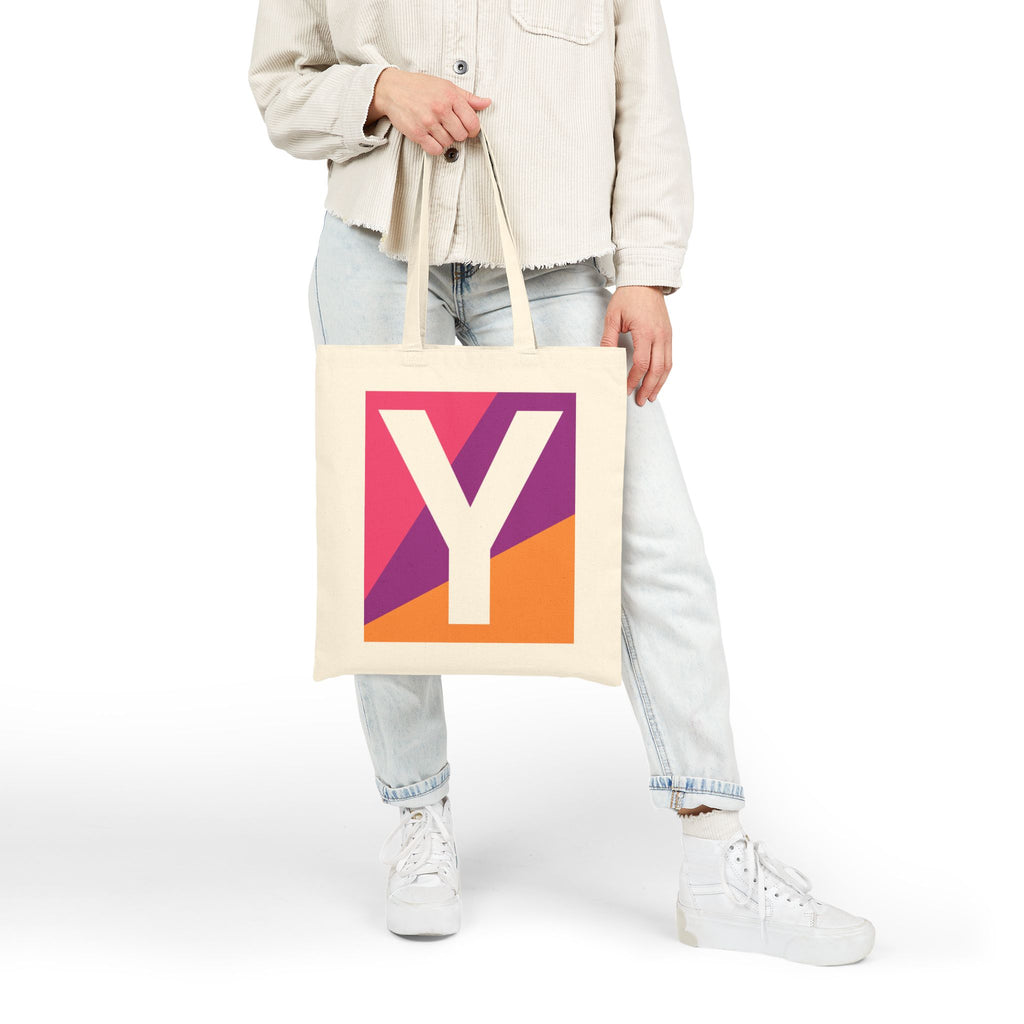 Initial Y Colorblock Canvas Tote Bag — Monogram Letter Y Reusable Grocery Tote