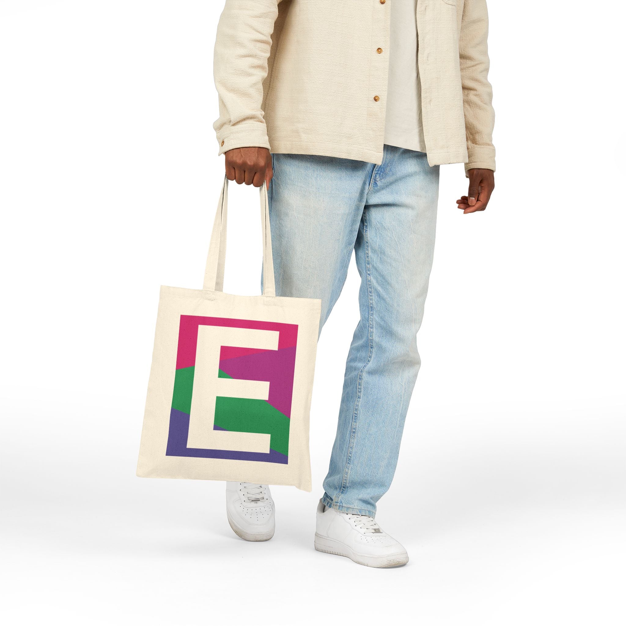 Initial E Colorblock Canvas Tote Bag — Monogram Letter E Reusable Grocery Tote
