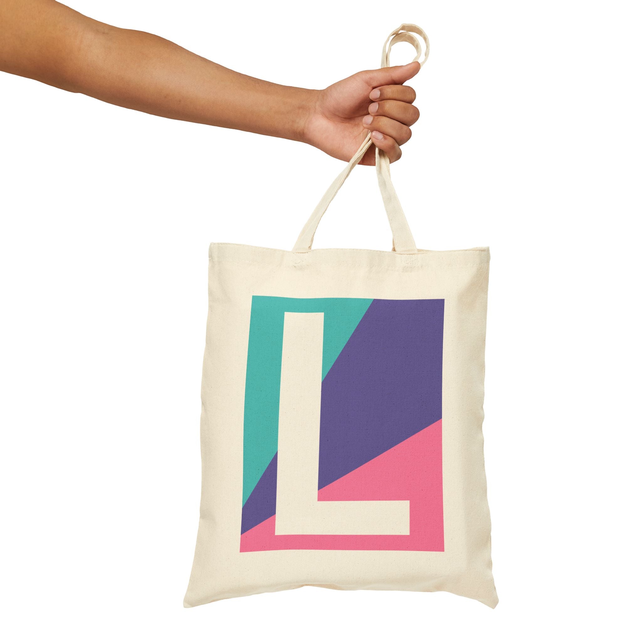 Initial L Colorblock Canvas Tote Bag — Monogram Letter L Reusable Grocery Tote